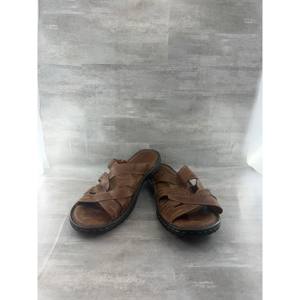 Born Men Brown Leather Slide Sandals Multi Strap B43816 Size 10/42